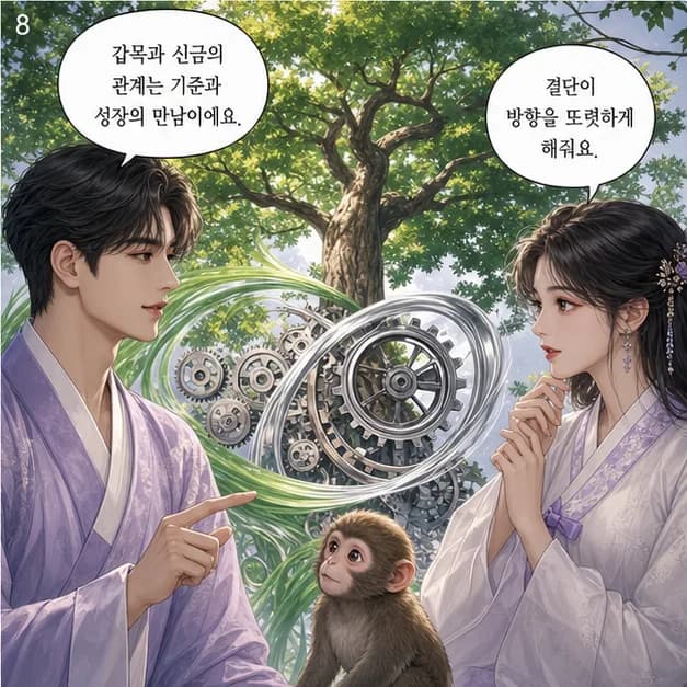 갑신일주 8컷: 甲과 申의 관계는 ‘일지가 일간을 극함’. 환경의 요구를 크게 느끼지만 그 과정에서 기준도 단단해져요.