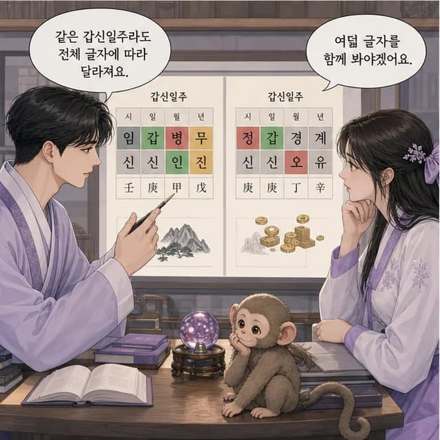 갑신일주 11컷: 같은 갑신이라도 나머지 여섯 글자와 대운·세운이 달라 결과는 달라져요.
