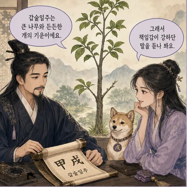 갑술일주 1컷: 갑술일주는 시작한 일을 곧게 키우는 힘과 원칙과 내 사람을 끝까지 지키는 힘이 눈에 띄어요.