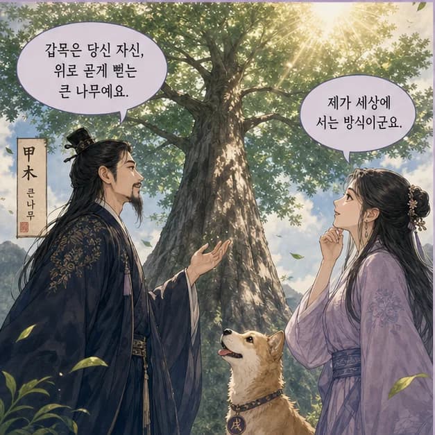 갑술일주 3컷: 먼저 일간 甲. 사주에서 ‘나’를 읽는 기준이에요.