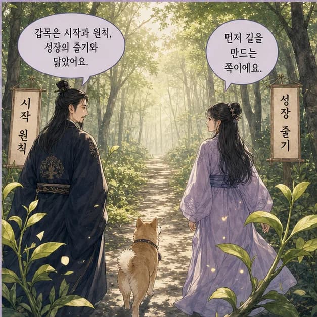 갑술일주 4컷: 甲은 큰 나무처럼 시작한 일을 곧게 키우는 힘을 보여줘요.