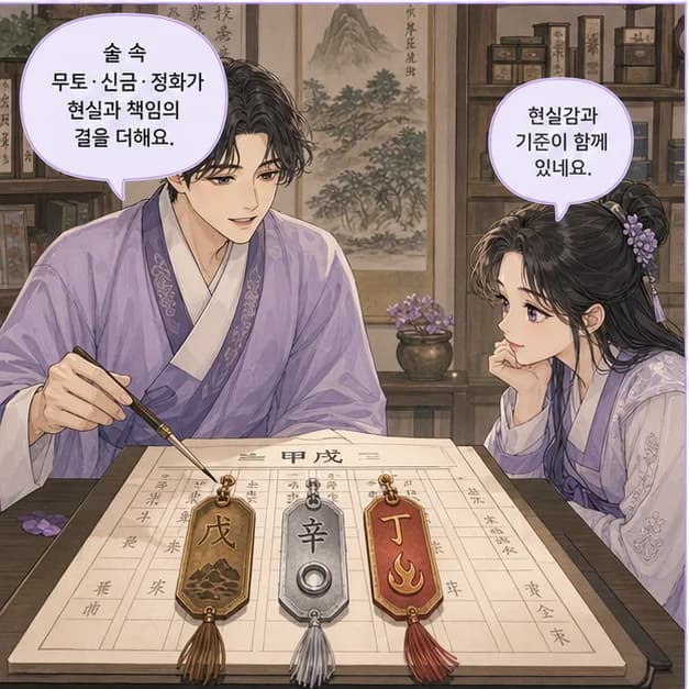 갑술일주 7컷: 戌 안의 戊 편재 · 辛 정관 · 丁 상관. 중심은 편재, 사람과 기회 사이의 흐름을 빠르게 읽는 힘이에요.