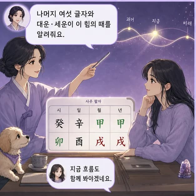 갑술일주 11컷: 같은 갑술이라도 나머지 여섯 글자와 대운·세운이 달라 결과는 달라져요.