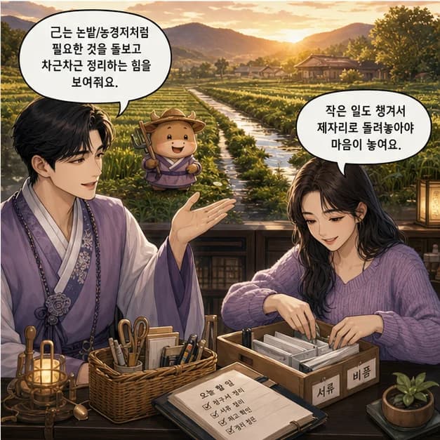기축일주 4컷: 己는 논밭/농경지처럼 필요한 것을 돌보고 차근차근 정리하는 힘을 보여줘요.