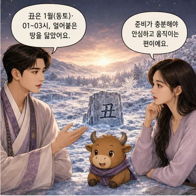 기축일주 6컷: 丑은 1월(동토)·01~03시, 얼어붙은 땅을 닮았어요.