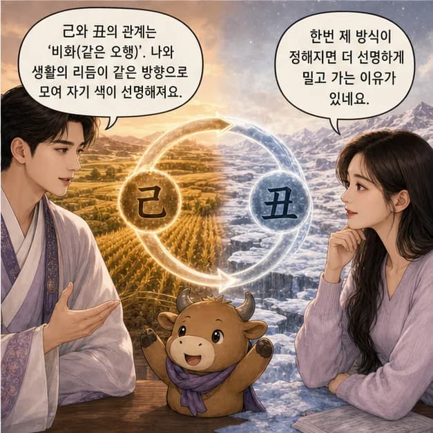 기축일주 8컷: 己와 丑의 관계는 ‘비화(같은 오행)’. 나와 생활의 리듬이 같은 방향으로 모여 자기 색이 선명해져요.