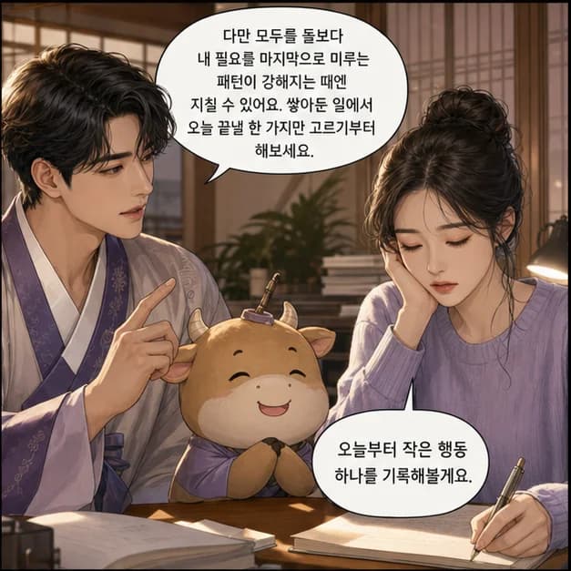 기축일주 10컷: 다만 모두를 돌보다 내 필요를 마지막으로 미루는 패턴이 강해지는 때엔 지칠 수 있어요. 쌓아둔 일에서 오늘 끝낼 한 가지만 고르기부터 해보세요.