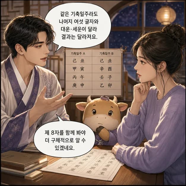 기축일주 11컷: 같은 기축이라도 나머지 여섯 글자와 대운·세운이 달라 결과는 달라져요.