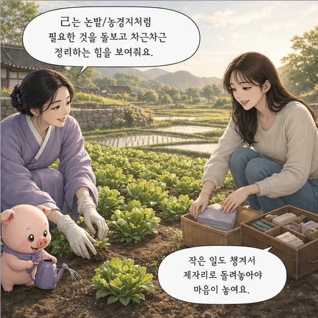 기해일주 4컷: 己는 논밭/농경지처럼 필요한 것을 돌보고 차근차근 정리하는 힘을 보여줘요.