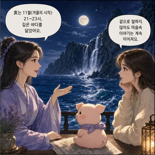 기해일주 6컷: 亥는 11월(겨울의 시작)·21~23시, 깊은 바다를 닮았어요.