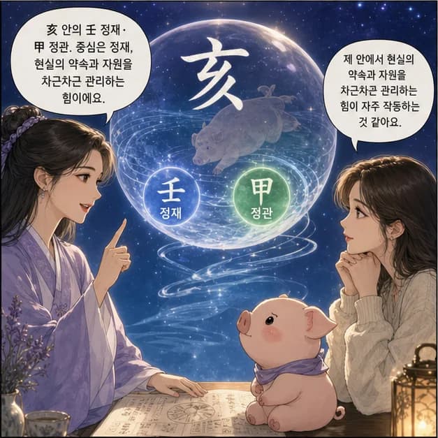 기해일주 7컷: 亥 안의 壬 정재 · 甲 정관. 중심은 정재, 현실의 약속과 자원을 차근차근 관리하는 힘이에요.