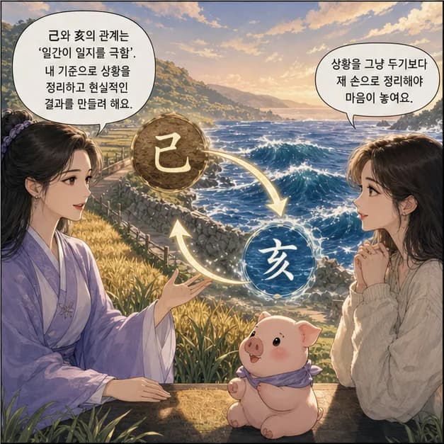 기해일주 8컷: 己와 亥의 관계는 ‘일간이 일지를 극함’. 내 기준으로 상황을 정리하고 현실적인 결과를 만들려 해요.