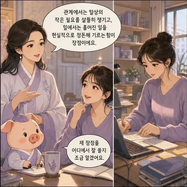 기해일주 9컷: 관계에서는 일상의 작은 필요를 살뜰히 챙기고, 일에서는 흩어진 일을 현실적으로 정돈해 기르는 힘이 장점이에요.