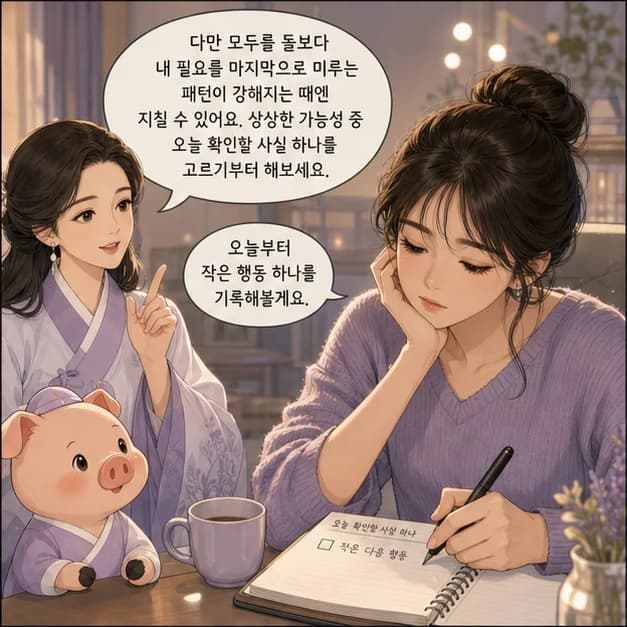 기해일주 10컷: 다만 모두를 돌보다 내 필요를 마지막으로 미루는 패턴이 강해지는 때엔 지칠 수 있어요. 상상한 가능성 중 오늘 확인할 사실 하나를 고르기부터 해보세요.
