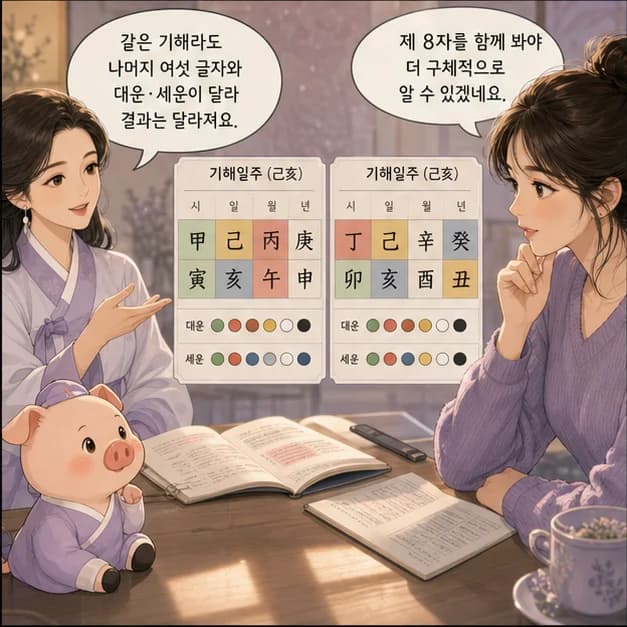 기해일주 11컷: 같은 기해라도 나머지 여섯 글자와 대운·세운이 달라 결과는 달라져요.