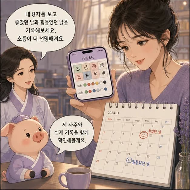 기해일주 12컷: 내 8자를 보고 좋았던 날과 힘들었던 날을 기록해보세요. 흐름이 더 선명해져요.
