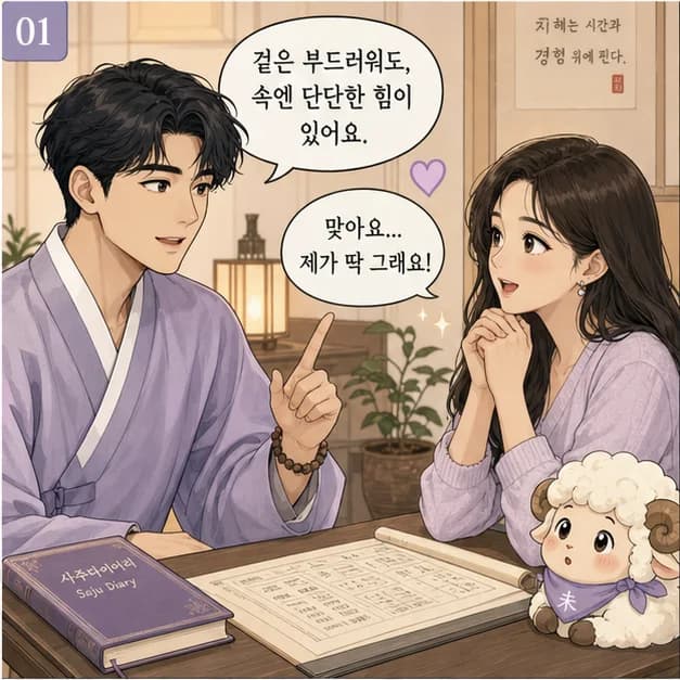 기미일주 1컷: 기미일주는 필요한 것을 돌보고 차근차근 정리하는 힘과 사람과 일을 오래 돌보며 결실을 기다리는 힘이 눈에 띄어요.