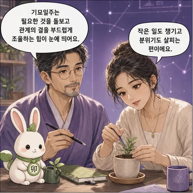 기묘일주 1컷: 기묘일주는 필요한 것을 돌보고 차근차근 정리하는 힘과 관계의 결을 살피며 부드럽게 조율하는 힘이 눈에 띄어요.