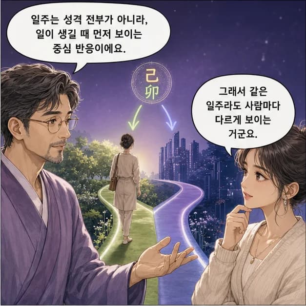 기묘일주 2컷: 일주는 성격 전부가 아니라, 일이 생길 때 먼저 보이는 중심 반응이에요.