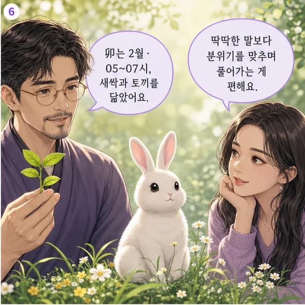 기묘일주 6컷: 卯는 3월(봄기운)·05~07시, 꽃/화초를 닮았어요.