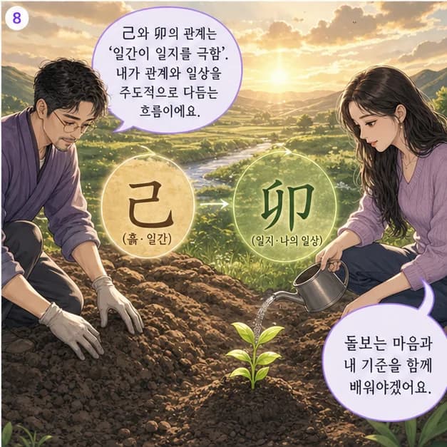 기묘일주 8컷: 己와 卯의 관계는 ‘일지가 일간을 극함’. 환경의 요구를 크게 느끼지만 그 과정에서 기준도 단단해져요.