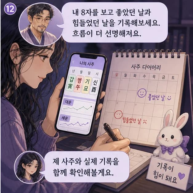 기묘일주 12컷: 내 8자를 보고 좋았던 날과 힘들었던 날을 기록해보세요. 흐름이 더 선명해져요.