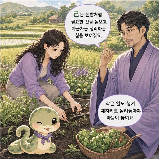 기사일주 4컷: 己는 논밭/농경지처럼 필요한 것을 돌보고 차근차근 정리하는 힘을 보여줘요.