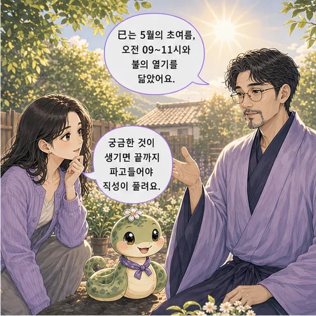 기사일주 6컷: 巳는 5월(초여름)·09~11시, 불/열기를 닮았어요.