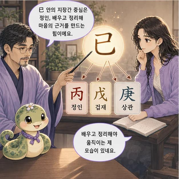 기사일주 7컷: 巳 안의 丙 정인 · 戊 겁재 · 庚 상관. 중심은 정인, 배우고 정리하며 마음의 근거를 만드는 힘이에요.