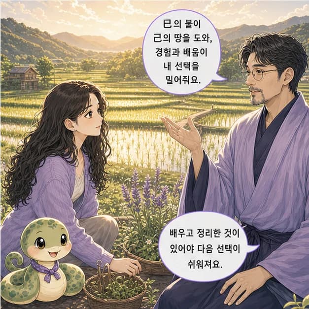 기사일주 8컷: 己와 巳의 관계는 ‘일지가 일간을 생함’. 생활에서 얻은 경험과 배움이 나의 선택을 밀어줘요.