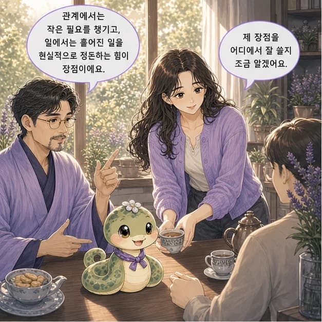 기사일주 9컷: 관계에서는 일상의 작은 필요를 살뜰히 챙기고, 일에서는 흩어진 일을 현실적으로 정돈해 기르는 힘이 장점이에요.