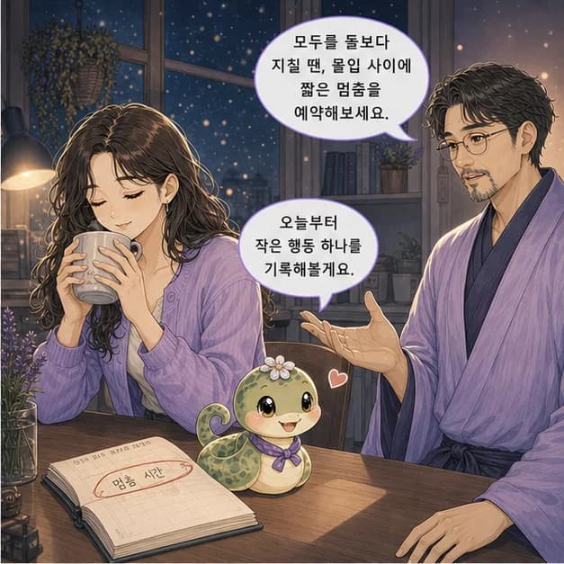 기사일주 10컷: 다만 모두를 돌보다 내 필요를 마지막으로 미루는 패턴이 강해지는 때엔 지칠 수 있어요. 몰입 사이에 짧은 멈춤 시간을 예약하기부터 해보세요.