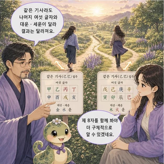 기사일주 11컷: 같은 기사라도 나머지 여섯 글자와 대운·세운이 달라 결과는 달라져요.