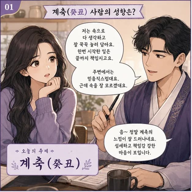 계축일주 1컷: 계축일주는 조용히 스며들어 본질을 알아차리는 힘과 준비와 자원을 차곡차곡 쌓는 힘이 눈에 띄어요.
