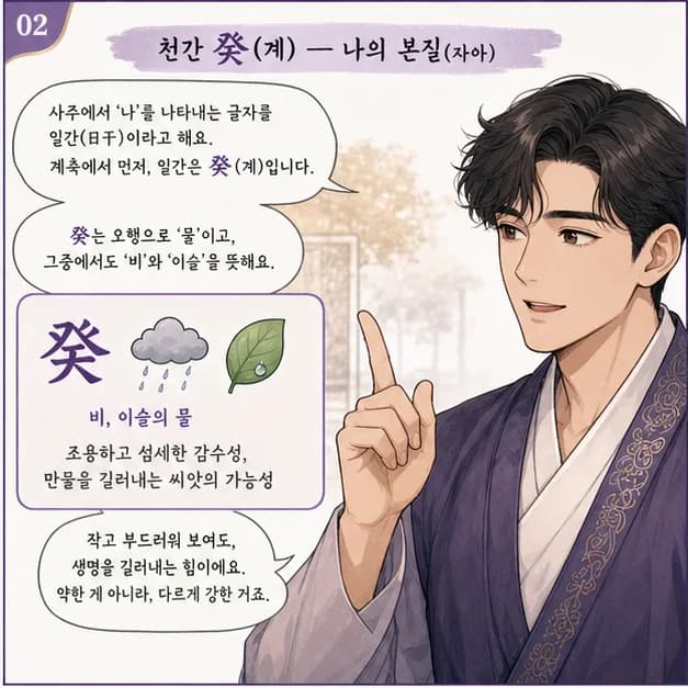 계축일주 2컷: 일주는 성격 전부가 아니라, 일이 생길 때 먼저 보이는 중심 반응이에요.