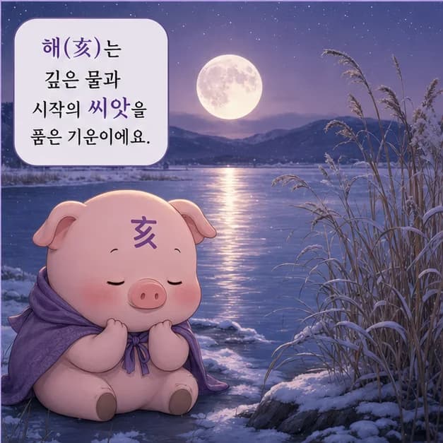 계해일주 4컷: 癸는 비/이슬처럼 조용히 스며들어 본질을 알아차리는 힘을 보여줘요.