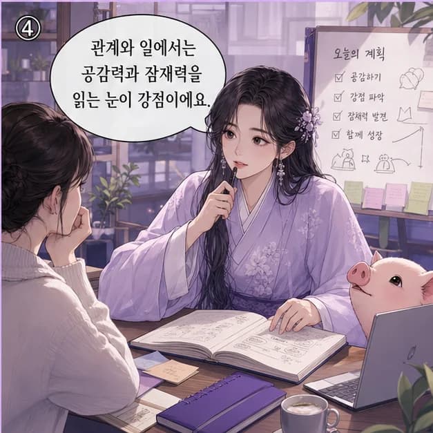 계해일주 8컷: 癸와 亥의 관계는 ‘비화(같은 오행)’. 나와 생활의 리듬이 같은 방향으로 모여 자기 색이 선명해져요.