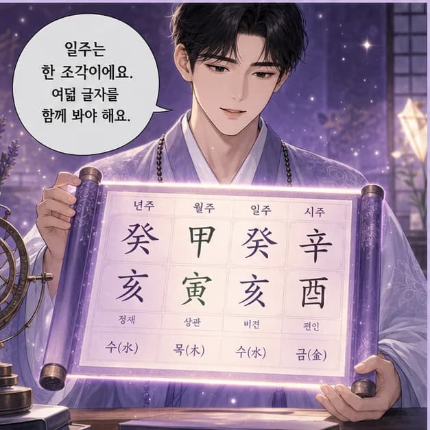 계해일주 11컷: 같은 계해라도 나머지 여섯 글자와 대운·세운이 달라 결과는 달라져요.