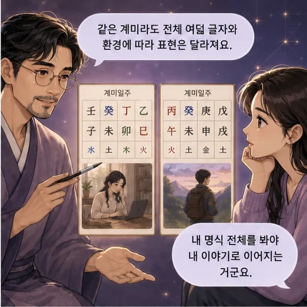계미일주 2컷: 일주는 성격 전부가 아니라, 일이 생길 때 먼저 보이는 중심 반응이에요.