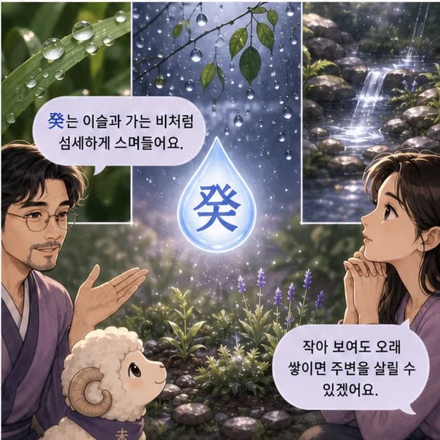 계미일주 4컷: 癸는 비/이슬처럼 조용히 스며들어 본질을 알아차리는 힘을 보여줘요.