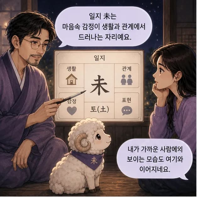계미일주 5컷: 아래 未는 내가 일상을 보내고 마음이 반응하는 자리예요.