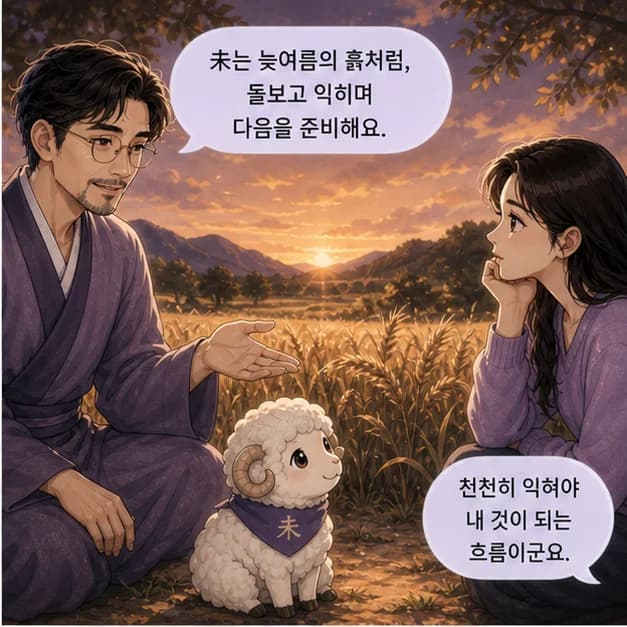 계미일주 6컷: 未는 7월(늦여름)·13~15시, 기름진 땅을 닮았어요.