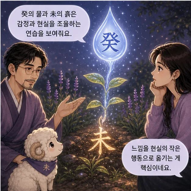 계미일주 8컷: 癸와 未의 관계는 ‘일지가 일간을 극함’. 환경의 요구를 크게 느끼지만 그 과정에서 기준도 단단해져요.