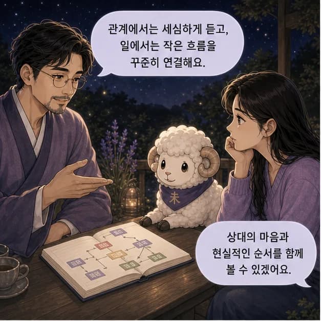 계미일주 9컷: 관계에서는 말하지 않은 감정까지 섬세하게 살피고, 일에서는 작은 단서를 모아 깊은 답을 찾는 힘이 장점이에요.