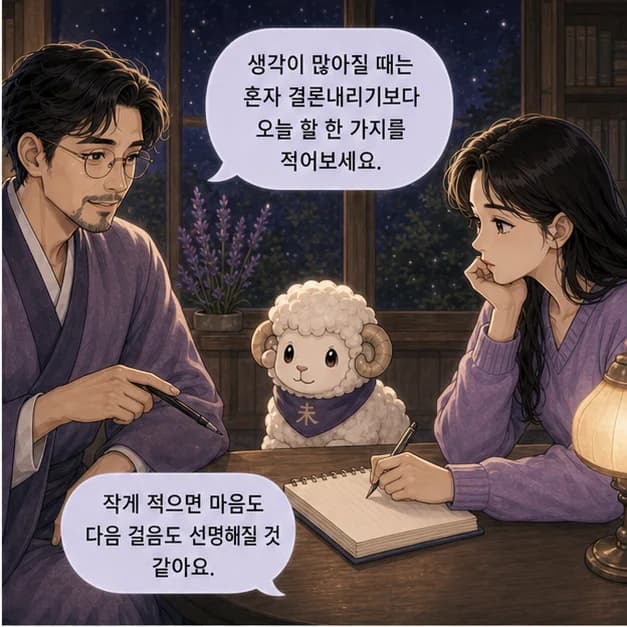 계미일주 10컷: 다만 생각과 감정을 안으로만 쌓아두는 패턴이 강해지는 때엔 지칠 수 있어요. 돌봄의 범위와 내가 쉴 시간을 함께 정하기부터 해보세요.