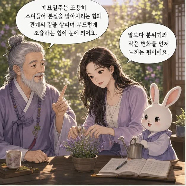 계묘일주 1컷: 계묘일주는 조용히 스며들어 본질을 알아차리는 힘과 관계의 결을 살피며 부드럽게 조율하는 힘이 눈에 띄어요.