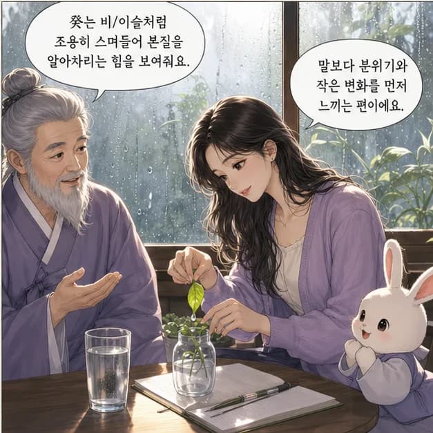 계묘일주 4컷: 癸는 비/이슬처럼 조용히 스며들어 본질을 알아차리는 힘을 보여줘요.