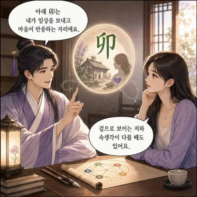 계묘일주 5컷: 아래 卯는 내가 일상을 보내고 마음이 반응하는 자리예요.