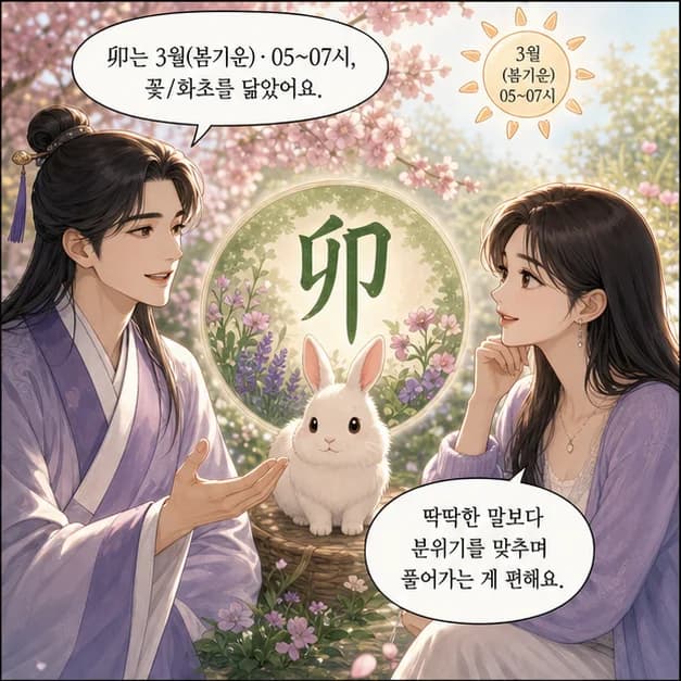 계묘일주 6컷: 卯는 3월(봄기운)·05~07시, 꽃/화초를 닮았어요.