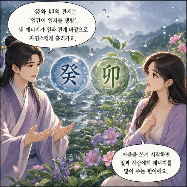 계묘일주 8컷: 癸와 卯의 관계는 ‘일간이 일지를 생함’. 내 에너지가 일과 관계 바깥으로 자연스럽게 흘러가요.